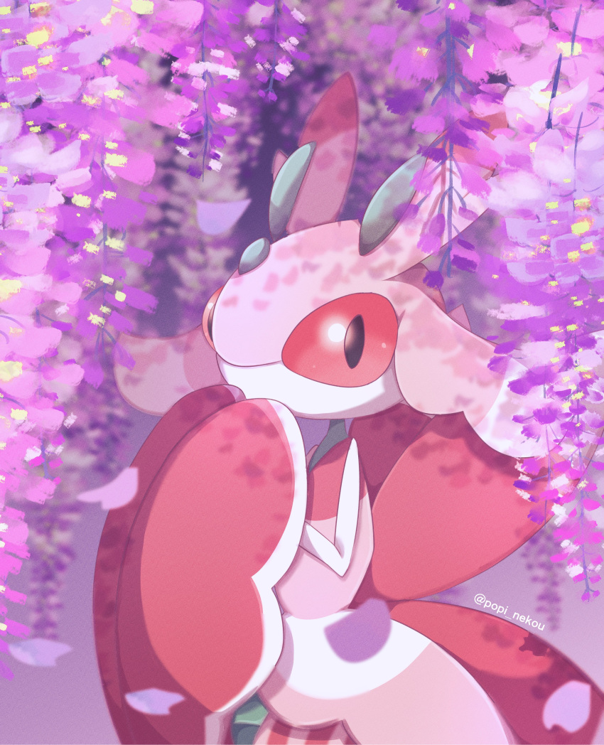 absurdres blurry commentary_request day falling_petals from_side highres looking_at_viewer lurantis no_humans outdoors petals pink_eyes pokemon pokemon_(creature) poppiina shadow solo