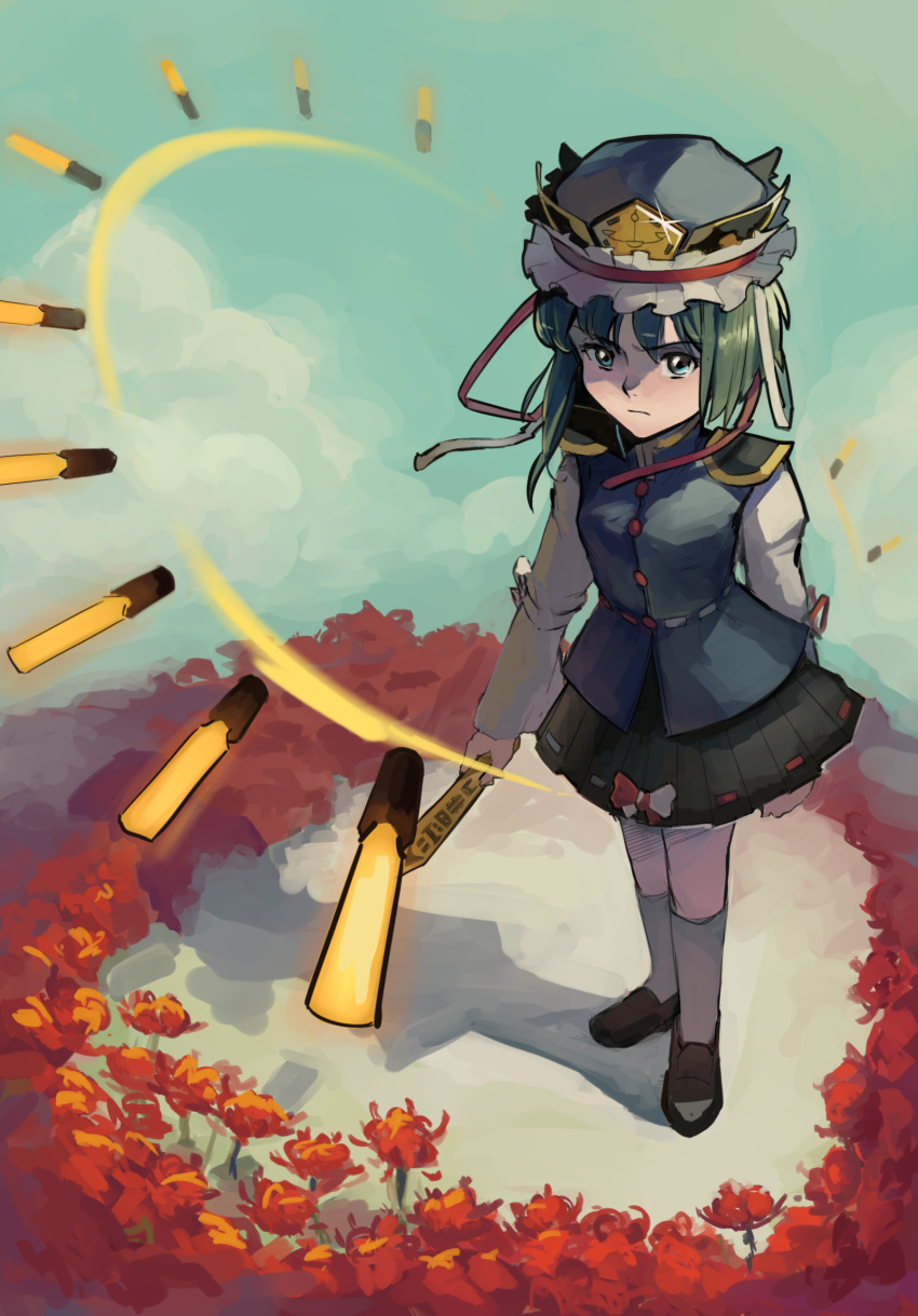 1girl asymmetrical_hair black_footwear black_skirt blue_eyes blue_headwear blue_sky blue_vest bow breasts buttons closed_mouth clouds danmaku epaulettes flower frilled_hat frills glint gold_trim green_hair hat hat_ribbon highres holding kornod long_sleeves looking_at_viewer medium_breasts miniskirt outdoors over-kneehighs red_bow red_ribbon ribbon ribbon-trimmed_skirt ribbon_trim rod_of_remorse shiki_eiki shoes short_hair skirt sky sleeve_bow socks solo spider_lily standing thigh-highs touhou vest white_bow white_ribbon white_socks