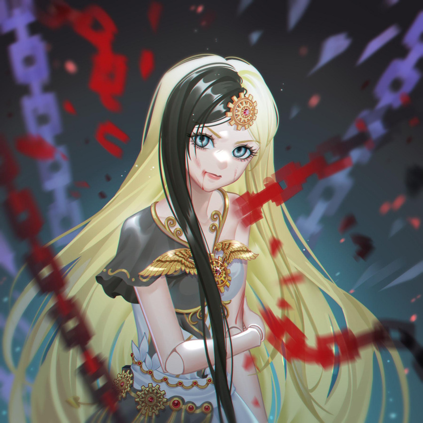 1girl angry bai_guangying_(ye_luoli) black_dress black_hair blonde_hair blood blood_from_mouth blood_on_face blue_eyes broken broken_chain chain dark_background doll_joints dress gear_hair_ornament hand_on_own_arm highres joints kumu_zaisheng long_hair looking_at_viewer multicolored_hair solo split-color_hair two-tone_dress upper_body v-shaped_eyebrows white_dress ye_luoli