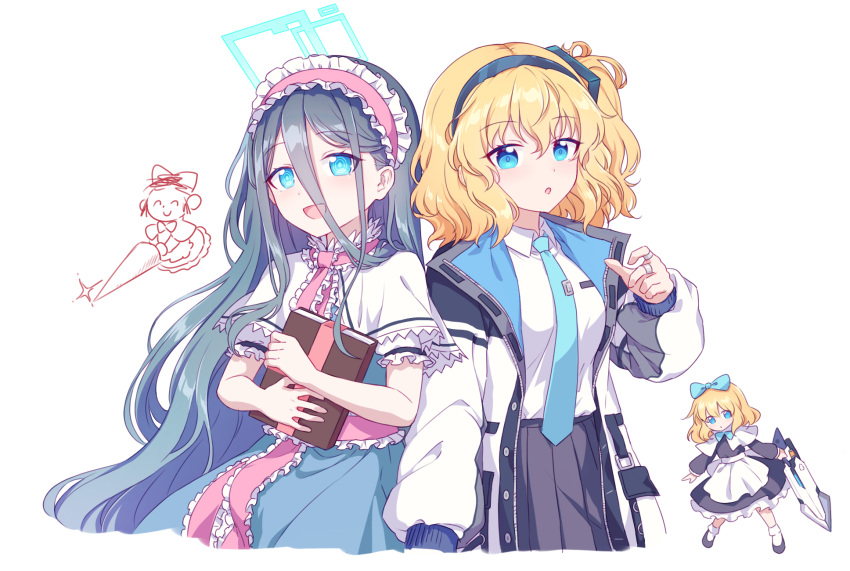 2girls absurdly_long_hair alice_margatroid alice_margatroid_(cosplay) aris_(blue_archive) aris_(blue_archive)_(cosplay) black_hair black_hairband black_skirt blonde_hair blue_archive blue_dress blue_eyes blue_necktie book capelet collared_shirt cosplay costume_switch crossover dress frilled_sleeves frills grimoire_of_alice hair_between_eyes hairband halo highres holding holding_book jacket kaoling lolita_hairband long_hair long_sleeves multicolored_clothes multicolored_jacket multiple_girls necktie one_side_up open_clothes open_jacket open_mouth pink_hairband pleated_skirt ringed_eyes shanghai_doll shirt short_hair short_sleeves simple_background skirt tie_clip touhou very_long_hair white_background white_capelet white_shirt