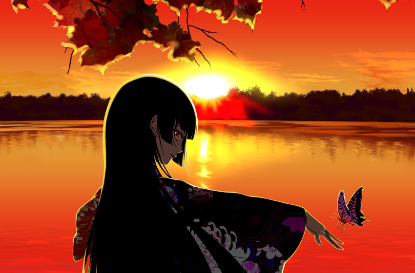 1girl autumn_leaves black_hair blunt_bangs bug butterfly closed_mouth clouds commentary_request enma_ai floral_print floral_print_kimono from_side hand_up highres hime_cut horizon japanese_clothes jigoku_shoujo kimono leaf long_hair long_sleeves looking_at_viewer maple_leaf obi outdoors print_kimono profile red_eyes red_sky sash scenery sion_(banerye123456) sky solo sunset tree upper_body water wide_sleeves