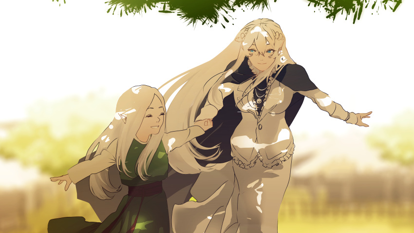 2girls aged_down black_cloak blue_eyes breasts cloak closed_eyes commission commissioner_upload dress elf green_tunic hair_between_eyes highres large_breasts long_hair long_sleeves multiple_girls non-web_source original pointy_ears smile time_paradox very_long_hair white_dress white_hair
