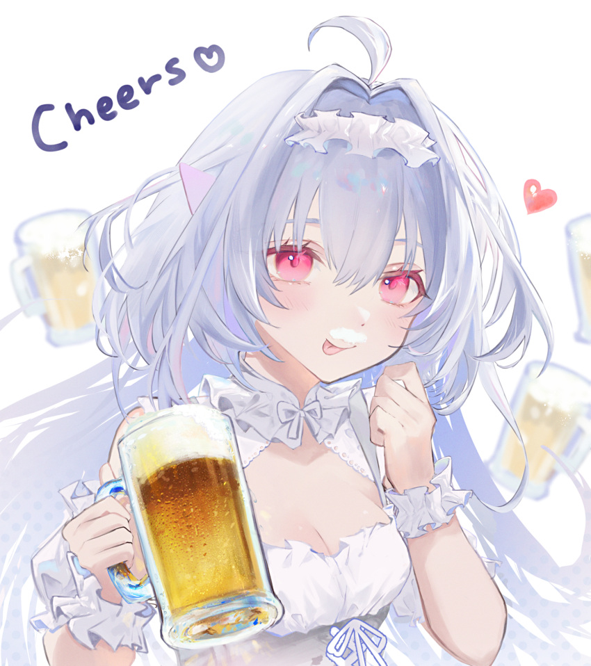 1girl ahoge alcohol bare_shoulders beer beer_mug blush clothing_cutout commentary_request cup detached_sleeves dress english_text fate/grand_order fate_(series) hair_between_eyes hair_intakes headdress heart highres holding holding_cup lady_avalon_(fate) looking_at_viewer merlin_(fate/prototype) mug nigiri official_alternate_costume pink_eyes smile solo tongue tongue_out white_dress white_hair white_headdress