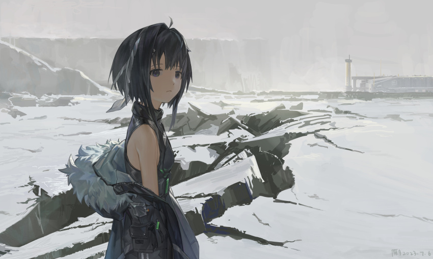 1girl arknights bare_shoulders black_eyes black_hair black_jacket black_shirt closed_mouth commentary_request dated expressionless fur-trimmed_jacket fur_trim hair_intakes highres hood hooded_jacket jacket jacket_partially_removed la_pluma_(arknights) looking_at_viewer medium_hair outdoors shirt sleeveless sleeveless_shirt snow solo upper_body yuanxi