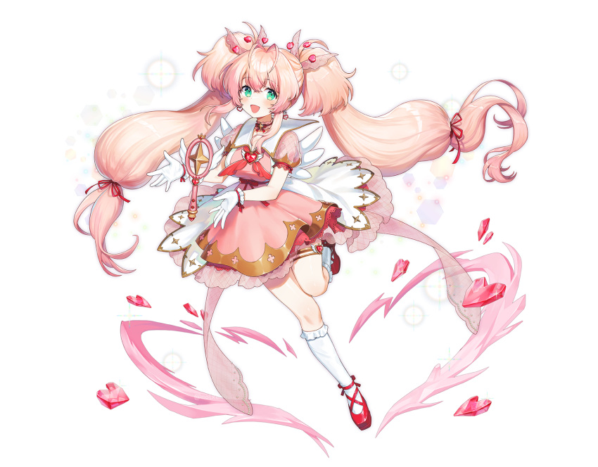 1girl antenna_hair aqua_eyes dress earrings full_body gloves heart heart_earrings highres jewelry leg_up long_hair low-tied_long_hair magical_girl noixen open_mouth original pink_dress pink_hair pink_theme puffy_sleeves quad_tails smile white_gloves