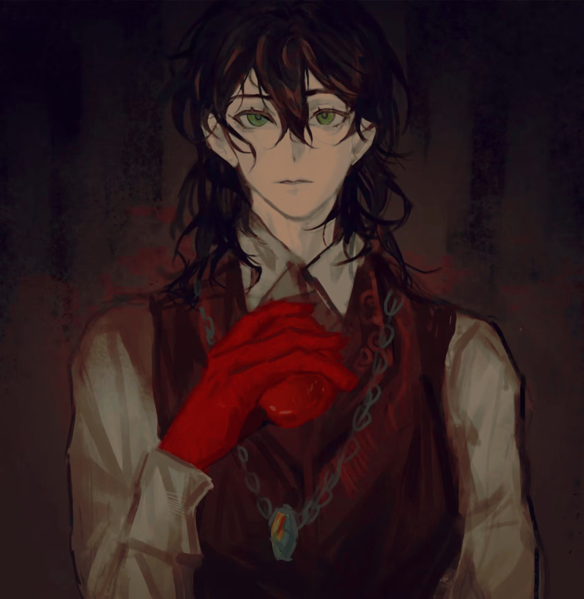1boy black_background black_hair black_vest cynicism373 dark empty_eyes gloves green_eyes highres holding jewelry leonard_mitchell looking_at_viewer lord_of_the_mysteries medium_hair necklace pale_skin parted_lips red_gloves shirt solo vest white_shirt