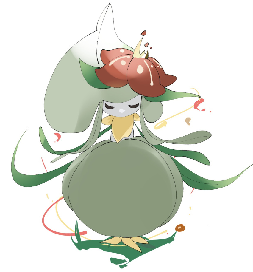 1girl closed_eyes colored_skin commentary crown facing_viewer flat_chest flower full_body grass green_hair green_skin hair_flower hair_ornament highres lilligant long_hair mini_crown monster_girl multicolored_skin no_mouth plant_girl pokemon pokemon_(creature) red_flower sidelocks simple_background solo standing straight-on two-tone_skin u_u white_background white_skin wind yellow_headwear zen_(koko)