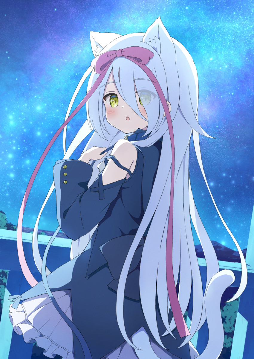 1girl animal_ears blush cat_ears cat_girl cat_tail detached_sleeves dress hair_ribbon highres long_hair looking_at_viewer looking_back night open_mouth original outdoors ribbon sky solo star_(sky) starry_sky tail tyakomes white_hair yellow_eyes