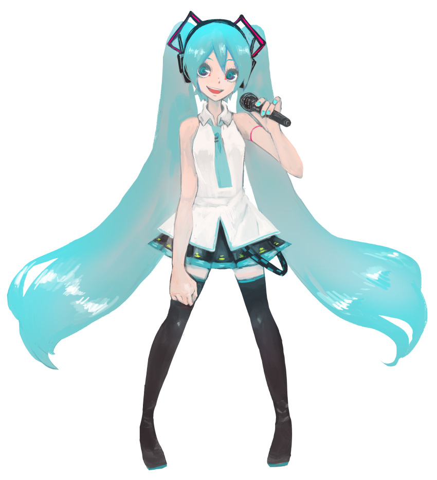 aqua_hair blue_hair full_body happy hatsune_miku highres holding holding_microphone looking_at_viewer low_twintails microphone nail_polish non-web_source piapro shirt simple_background skirt sleeveless sleeveless_shirt smile twintails vocaloid white_background