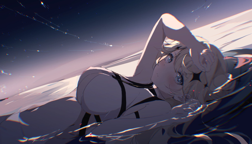 1girl arm_strap arm_up backlighting bare_shoulders blonde_hair blue_eyes blush breasts closed_mouth commentary dutch_angle expressionless eyelashes floating_hair hair_between_eyes hand_on_own_head hand_up highres kaneko_lumi large_breasts long_hair looking_at_viewer lying night nujii on_back outdoors partially_submerged phase_connect ripples solo sparkle_hair_ornament upper_body virtual_youtuber water