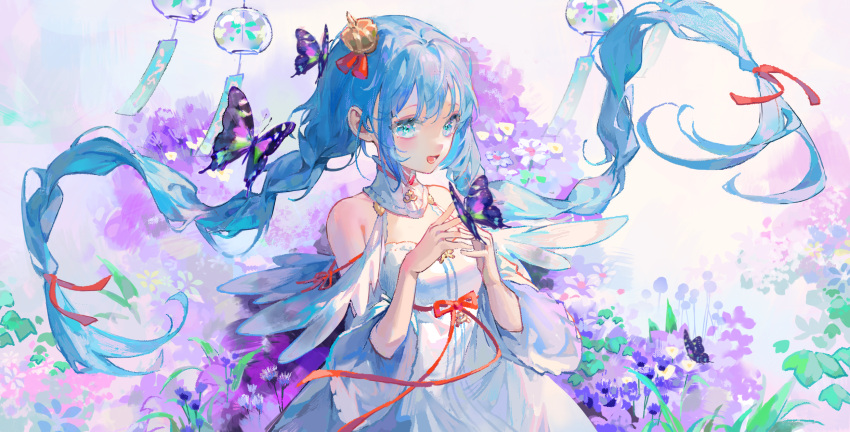 1girl aqua_eyes azur_lane bare_shoulders blue_hair braid bug butterfly crown dress flower hair_ribbon hands_up highres janus_(azur_lane) long_hair looking_at_viewer meinuoxuan_999 mini_crown open_mouth purple_flower red_ribbon ribbon smile solo standing tilted_headwear twin_braids twintails upper_body white_dress wide_sleeves