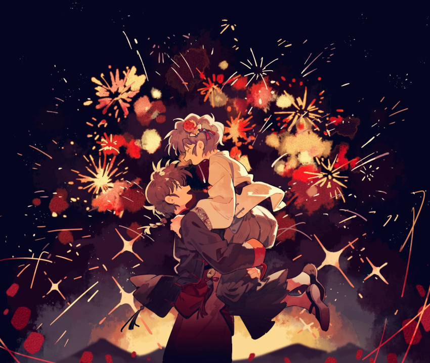 1boy 1girl black_footwear black_skirt braid brown_hair carrying carrying_person fireworks from_side hair_ornament hand_on_another's_shoulder highres kanzashi long_hair long_sleeves looking_at_another night open_mouth outdoors ranma_1/2 saotome_ranma shoes short_hair siyer_(siyeyeyeyer) skirt smile tassel tendou_akane