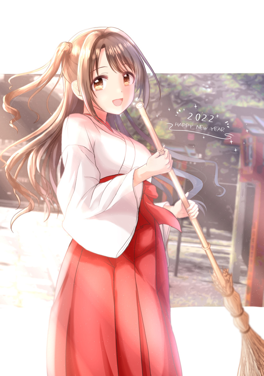 1girl 2022 absurdres blurry blurry_background blush bow breasts broom brown_eyes brown_hair citrusmikan cowboy_shot day dot_nose grid_background hair_bow hakama hakama_skirt hands_up happy_new_year highres holding holding_broom idolmaster idolmaster_cinderella_girls idolmaster_cinderella_girls_starlight_stage japanese_clothes kimono long_hair long_sleeves looking_at_viewer medium_breasts miko one_side_up open_mouth photo_background red_bow red_hakama shimamura_uzuki shrine skirt smile solo standing waist_bow white_kimono wide_sleeves