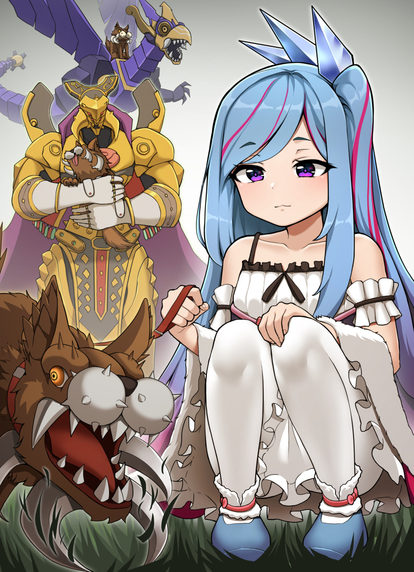 1boy 1girl absurdres bare_shoulders blue_hair dog dragon duel_monster el_shaddoll_winda eldlich_the_golden_lord gameplay_mechanics grass highres holding holding_leash leash long_hair macatatera multicolored_hair pantyhose pulao rilliona_(yu-gi-oh!) shoulder_spikes snyffus spikes streaked_hair violet_eyes winda_(yu-gi-oh!) witchcrafter_madame_verre yu-gi-oh!