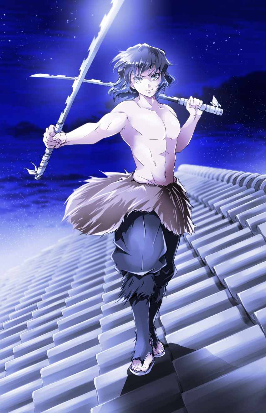 1boy black_hair black_pants closed_mouth dual_wielding full_body hashibira_inosuke highres holding holding_weapon kimetsu_no_yaiba looking_at_viewer male_focus muscular muscular_male myukom night night_sky on_roof pants short_hair sky solo standing star_(sky) topless_male weapon