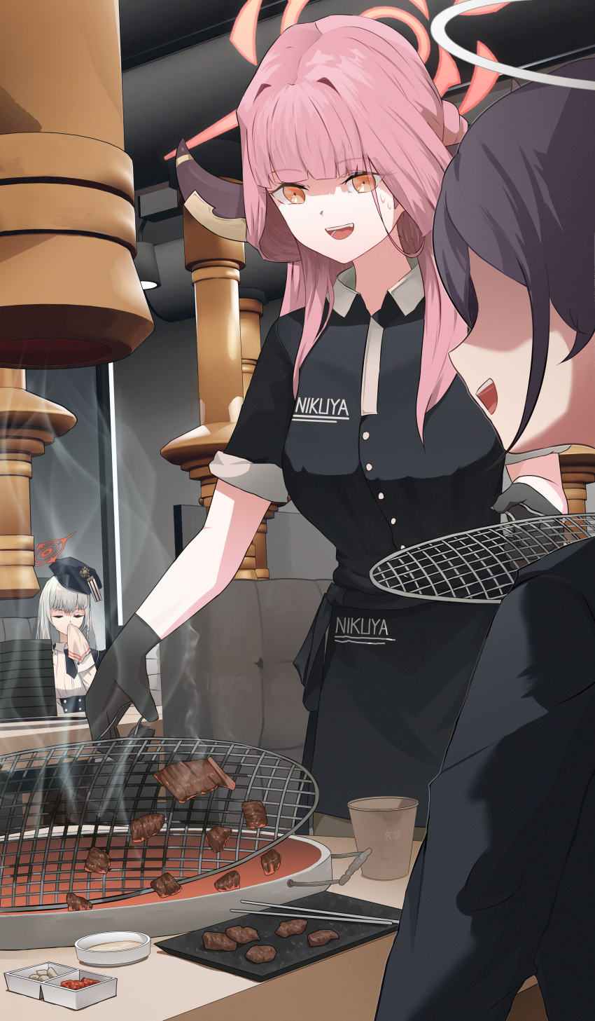 3girls absurdres apron aru_(blue_archive) black_apron black_gloves black_skirt blue_archive breasts closed_eyes demon_horns extra faceless faceless_female failure food gloves grey_hair grill halo handkerchief haruna_(blue_archive) hat highres holding_grill holding_handkerchief horns meat medium_breasts multiple_girls part_time_job peaked_cap pink_hair restaurant ryeon_(bluetom1) skirt sleeves_rolled_up smoke_extractor sweatdrop waist_apron