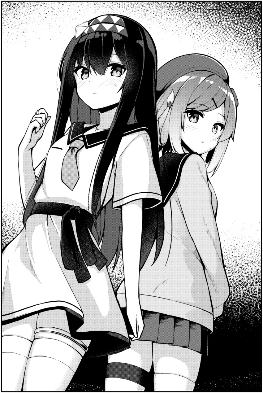 2girls beret blush closed_mouth collared_dress commentary_request dress greyscale hair_between_eyes hair_ornament hairband hairclip hand_up hat highres long_hair long_sleeves looking_at_viewer looking_back mahoutsukai_rose_no_sado_life monochrome multiple_girls necktie ominaeshi_(takenoko) parted_lips pleated_skirt puffy_long_sleeves puffy_sleeves rose_(mahoutsukai_rose_no_sado_life) sana_(mahoutsukai_rose_no_sado_life) short_necktie short_sleeves skindentation skirt standing sweat swept_bangs thigh-highs very_long_hair