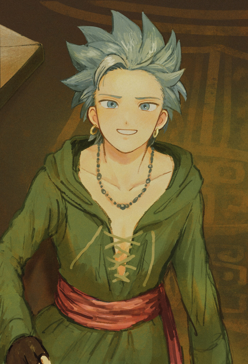 1boy black_gloves blue_eyes blue_hair camus_(dq11) dragon_quest dragon_quest_xi earrings fingerless_gloves forehead gloves gold_earrings green_tunic grin highres jewelry long_sleeves male_focus necklace pikara red_sash sash smile solo