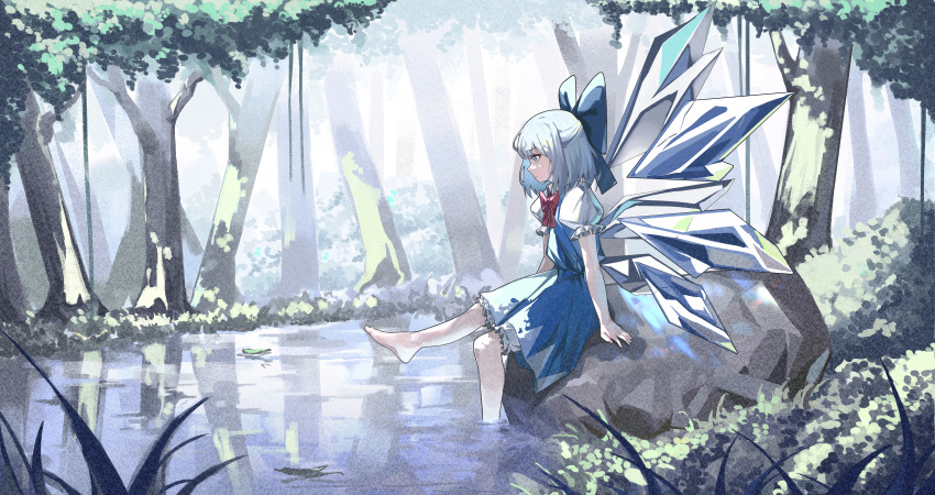1girl absurdres barefoot bloomers blue_dress blue_eyes blue_hair bow bowtie bruce_1354 cirno closed_mouth commentary_request dress expressionless forest frilled_sleeves frills from_side full_body hair_bow highres ice ice_wings lake medium_hair nature outdoors pinafore_dress profile puffy_short_sleeves puffy_sleeves red_bow red_bowtie reflection reflective_water shirt short_sleeves sleeveless sleeveless_dress soaking_feet solo touhou tree underwear water white_bloomers white_shirt wings