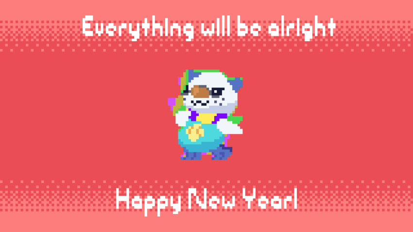 :3 a_hat_in_time afterimage animal_focus animated animated_gif black_eyes closed_mouth commentary dancing dewott english_commentary english_text freckles full_body half-closed_eyes happy_new_year highres looping_animation new_year no_humans pixel_art pokemon pokemon_(creature) red_background seashell shell simple_background smile solo standing wisgarus