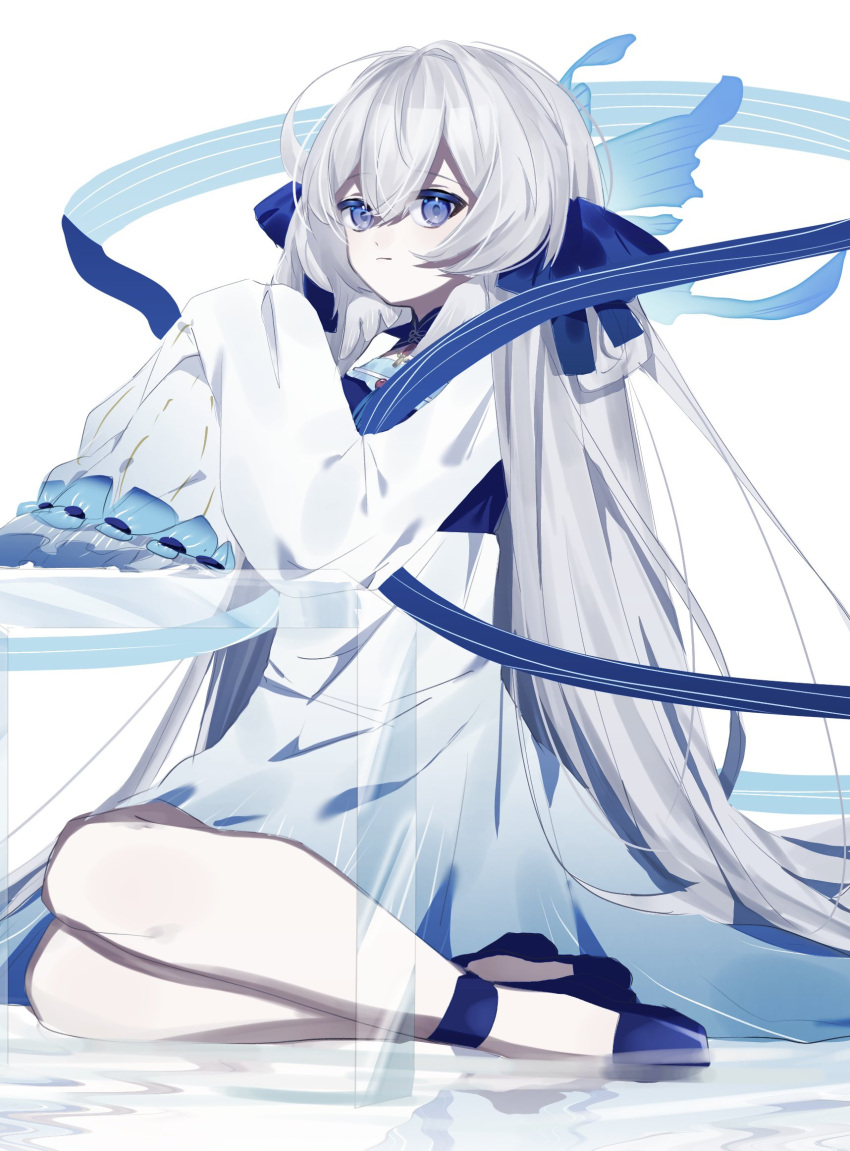 1girl arknights blue_bow blue_dress blue_eyes blue_footwear blue_ribbon bow commentary dress full_body gradient_dress hair_between_eyes hair_bow harouchikin high_heels highres kneehighs long_hair mulberry_(arknights) mulberry_(reflection_that_of_the_moons)_(arknights) official_alternate_costume purple_ribbon reflection ribbon sidelocks simple_background sleeves_past_fingers sleeves_past_wrists socks solo very_long_hair very_long_sleeves water white_background white_dress white_hair