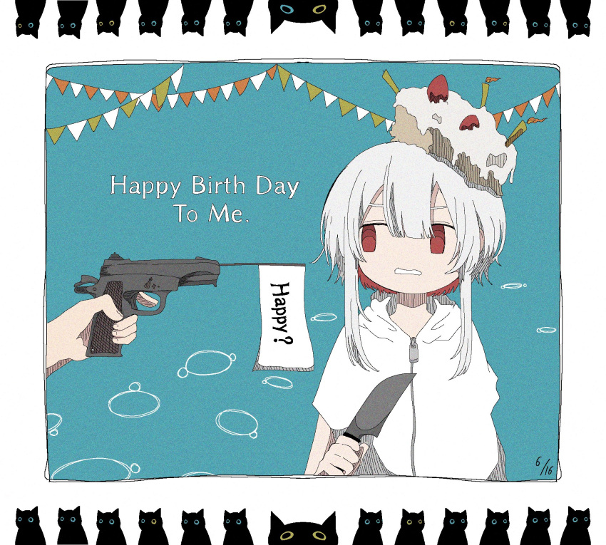 1girl aqua_background ashi_izumo birthday_cake black_cat border cake candle cat english_text flag_pistol food food_on_head grey_border grimace gun hand_up handgun happy_birthday highres holding holding_gun holding_knife holding_weapon izumo_(ashi_izumo) kitchen_knife knife looking_to_the_side multicolored_hair object_on_head original out_of_frame pointing_gun red_eyes redhead short_hair sidelocks sideways_glance simple_background solo_focus string_of_flags two-tone_hair upper_body weapon white_hair zipper