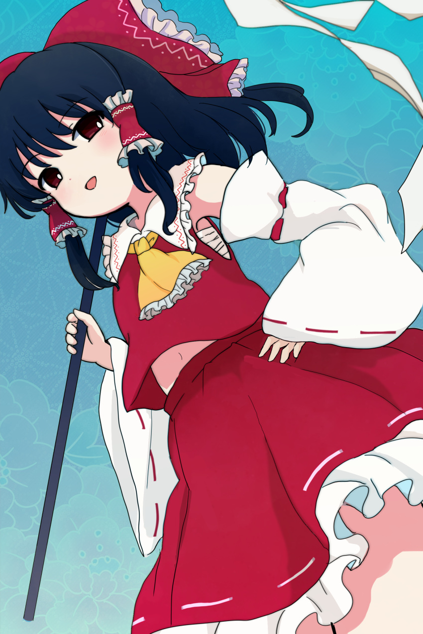 1girl absurdres ascot bare_shoulders black_hair blush bow brown_eyes cowboy_shot detached_sleeves frilled_skirt frills gohei hair_bow hair_tubes hakurei_reimu highres holding holding_gohei japanese_clothes long_hair navel nontraditional_miko open_mouth red_bow red_skirt rei_(tonbo0430) ribbon-trimmed_sleeves ribbon_trim sidelocks skirt smile solo touhou white_sleeves wide_sleeves yellow_ascot