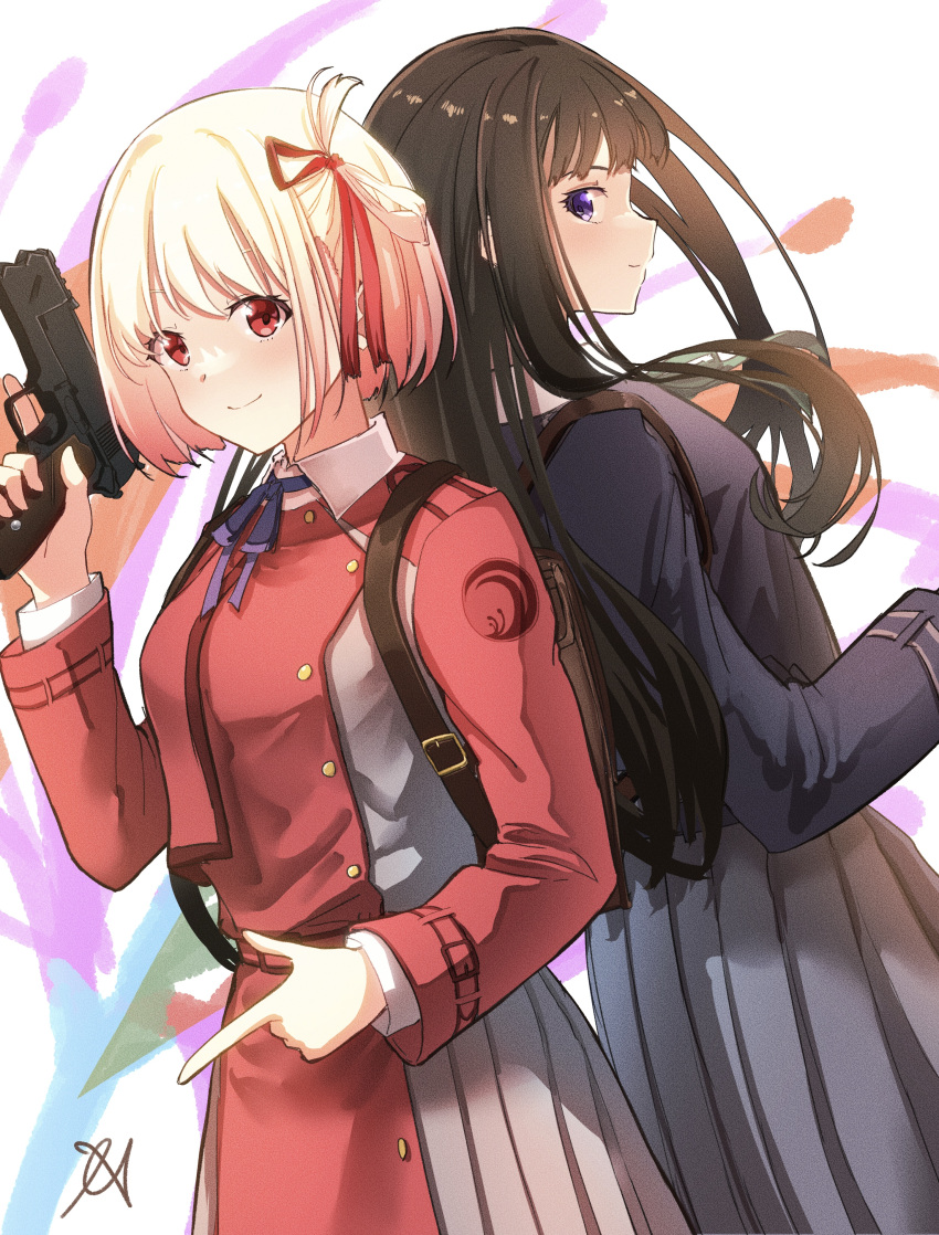 2girls absurdres aoi_hane aqua_ribbon back-to-back black_hair blonde_hair blue_dress blue_ribbon blush bob_cut closed_mouth collared_shirt commentary_request cowboy_shot dress dutch_angle finger_gun floating_hair flower grey_dress hair_ribbon hand_up highres inoue_takina long_hair long_sleeves looking_at_viewer looking_back lycoris_recoil lycoris_uniform multiple_girls neck_ribbon nishikigi_chisato one_side_up partial_commentary pleated_dress red_dress red_eyes red_ribbon ribbon shirt sidelocks signature smile spider_lily trigger_discipline two-tone_dress violet_eyes weapon_request white_background white_shirt