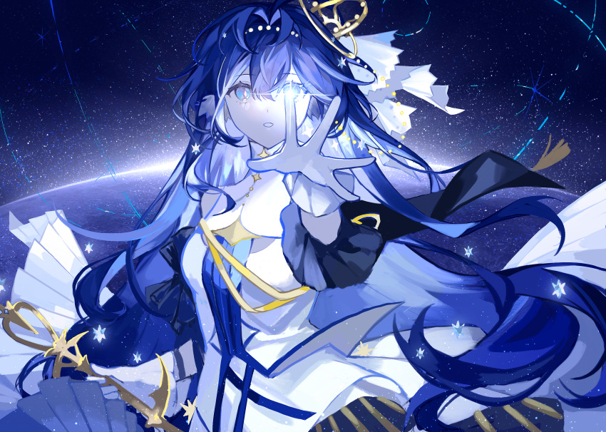 1girl annnnq arknights astesia_(arknights) astesia_(frlibre_on_the_palace)_(arknights) blue_eyes blue_hair bright_pupils dress gloves hair_ornament highres holding holding_sword holding_weapon long_hair looking_at_viewer reaching reaching_towards_viewer sky solo star_(sky) starry_sky sword trajectory very_long_hair weapon white_dress white_gloves white_pupils