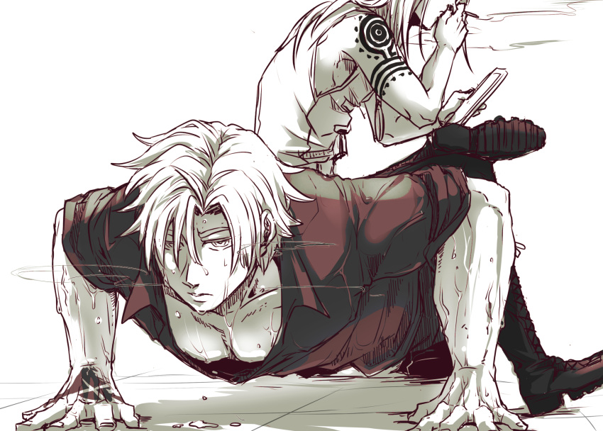 2boys arm_tattoo black_shirt blonde_hair cigarette command_spell daybit_sem_void exercise fate/grand_order fate_(series) flapper_shirt highres holding holding_cigarette long_hair male_focus medallion monochrome mry_46 multiple_boys muscular muscular_male pectorals push-ups shirt short_hair shoulder_tattoo simple_background sitting sitting_on_person sleeveless sleeves_rolled_up sweat tattoo tezcatlipoca_(fate) training white_background white_shirt