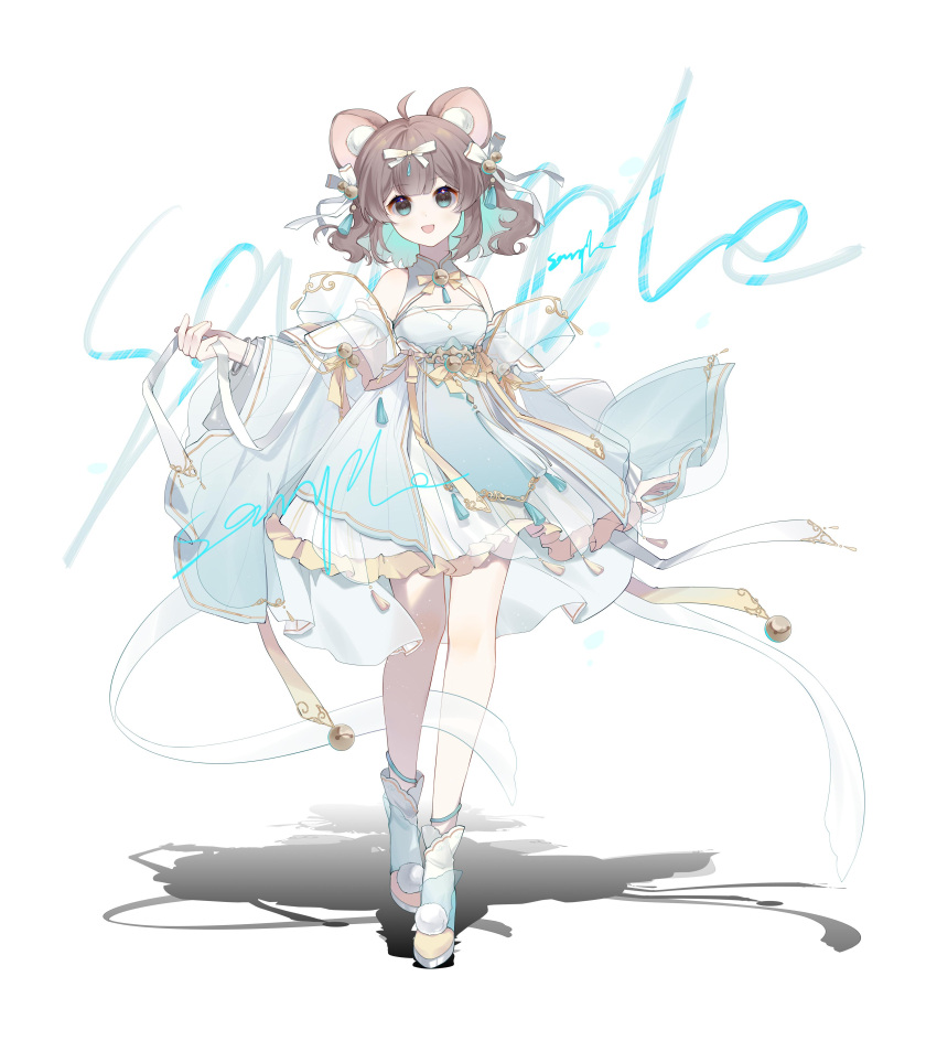 1girl :d absurdres ahoge animal_ears anqing aqua_dress aqua_eyes aqua_footwear bow brown_hair detached_sleeves dress full_body hair_bow hand_up highres looking_at_viewer original sample_watermark see-through_shawl shawl short_hair smile solo white_background white_bow wide_sleeves