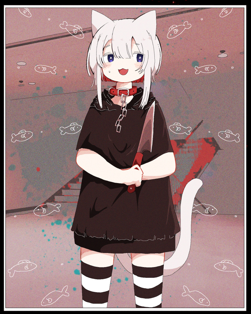 1girl :3 animal_ears ashi_izumo averting_eyes black_hoodie black_thighhighs cat_ears cat_girl cat_tail chain collar cowboy_shot facing_viewer film_grain hands_up highres holding holding_knife hood hood_down hoodie indoors izumo_(ashi_izumo) kitchen_knife knife nervous_smile open_mouth original red_collar short_sleeves smile solo stairs stairwell standing straight-on striped striped_thighhighs sweatdrop tail thigh-highs two-tone_thighhighs violet_eyes white_hair white_tail white_thighhighs