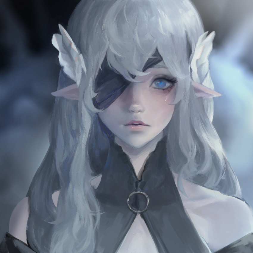 1girl bare_shoulders blue_eyes blurry blurry_background commentary english_commentary eyepatch grey_hair hair_between_eyes hair_ornament highres lips long_hair looking_at_viewer one_eye_covered original parted_lips pointy_ears portrait seuyan solo tears teeth upper_teeth_only