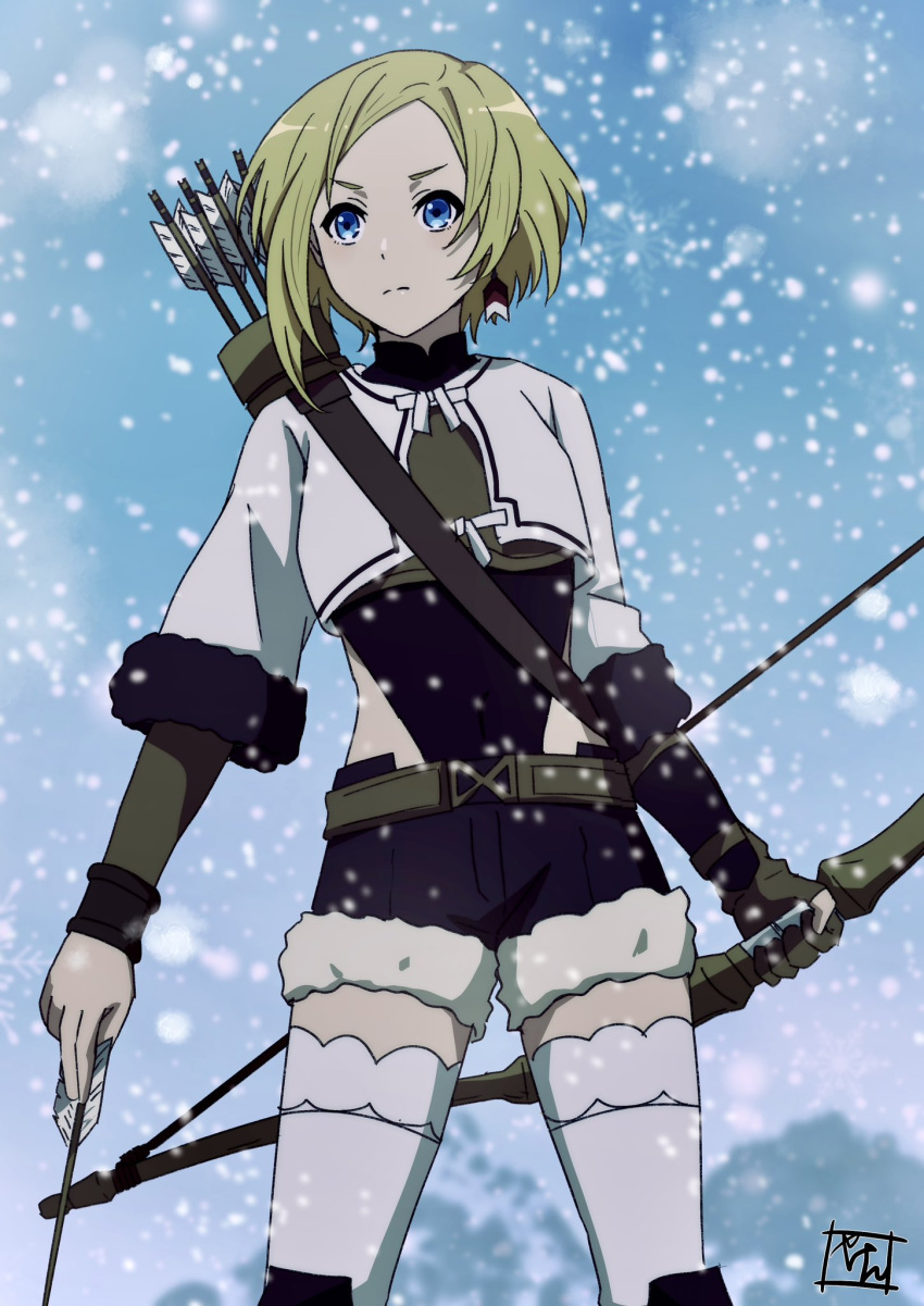 arrow_(projectile) belt blonde_hair blue_eyes bow_(weapon) crop_top earrings gloves highres holding holding_arrow holding_bow_(weapon) holding_weapon jewelry long_sleeves mountainous_horizon mushoku_tensei partially_fingerless_gloves quiver sara_(mushoku_tensei) short_shorts shorts snow snowflakes snowing thigh-highs weapon wind yaken_(11keionnota06)