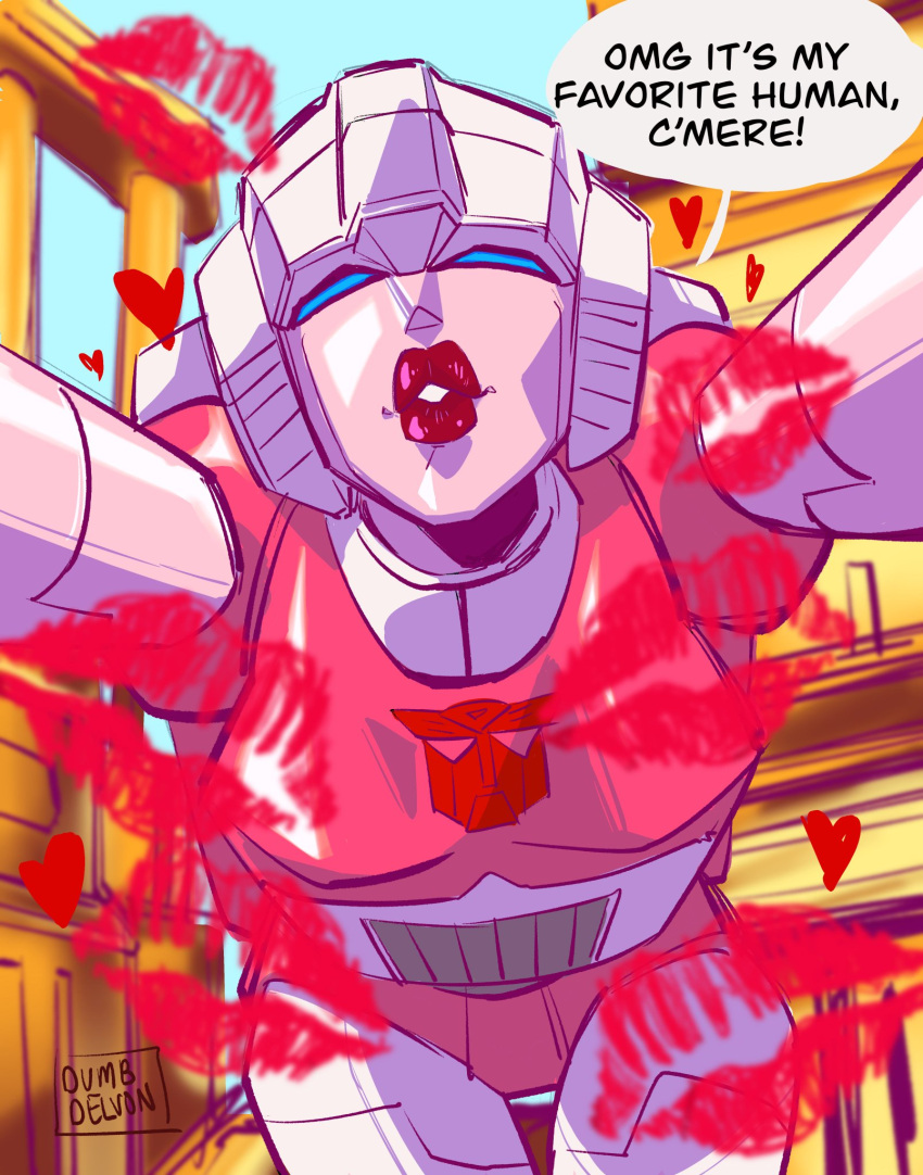 1girl arcee autobot blue_eyes breasts dumbdelvon english_text highres humanoid_robot kiss mecha mecha_musume medium_breasts panties pink_panties pov red_lips robot science_fiction solo speech_bubble thick_lips transformers underwear