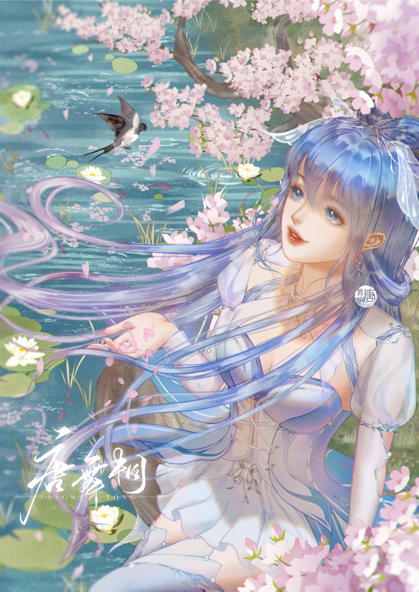 1girl absurdres artist_request bird blue_dress blue_eyes blue_hair douluo_dalu dress earrings flower hair_ornament hair_rings highres jewelry leg_up lily_pad long_hair long_sleeves lotus parted_lips ripples second-party_source solo tang_wutong_(douluo_dalu) teeth thigh-highs upper_body water