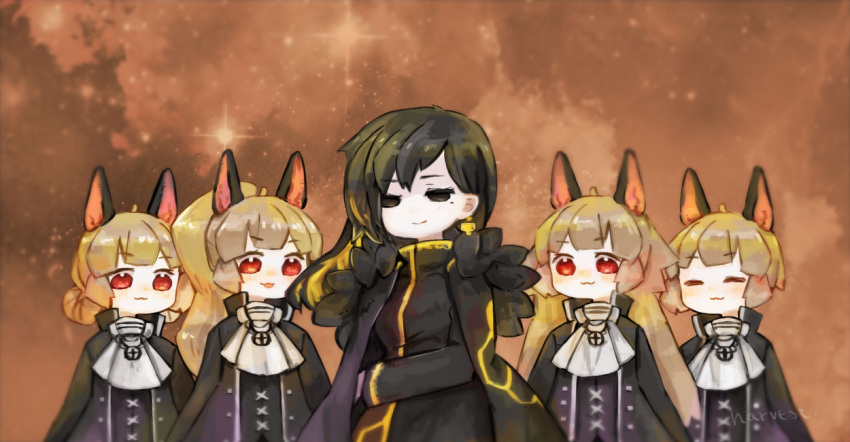5girls :3 =_= ahoge animal_ears ascot binah_(project_moon) black_dress black_eyes black_hair black_jacket black_vest blonde_hair breasts clone closed_mouth coat commentary_request dog_ears double_bun dress earrings fur-trimmed_coat fur_trim hair_bun harvest_fes jacket jewelry librarian_(library_of_ruina) library_of_ruina light_brown_hair long_hair long_sleeves mole mole_under_eye multicolored_hair multiple_girls no_nose open_clothes open_jacket open_mouth project_moon red_eyes short_hair small_breasts smile streaked_hair vest white_ascot