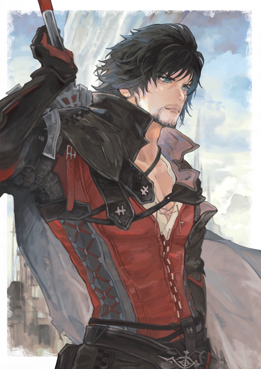 1boy beard_stubble black_cape black_hair blue_eyes cape chinstrap_beard clive_rosfield closed_mouth cropped_legs facial_hair final_fantasy final_fantasy_xvi highres looking_to_the_side male_focus mumu_vosp mustache_stubble pectoral_cleavage pectorals red_shirt shirt short_hair solo sword sword_on_back tied_drawstring upper_body weapon weapon_on_back