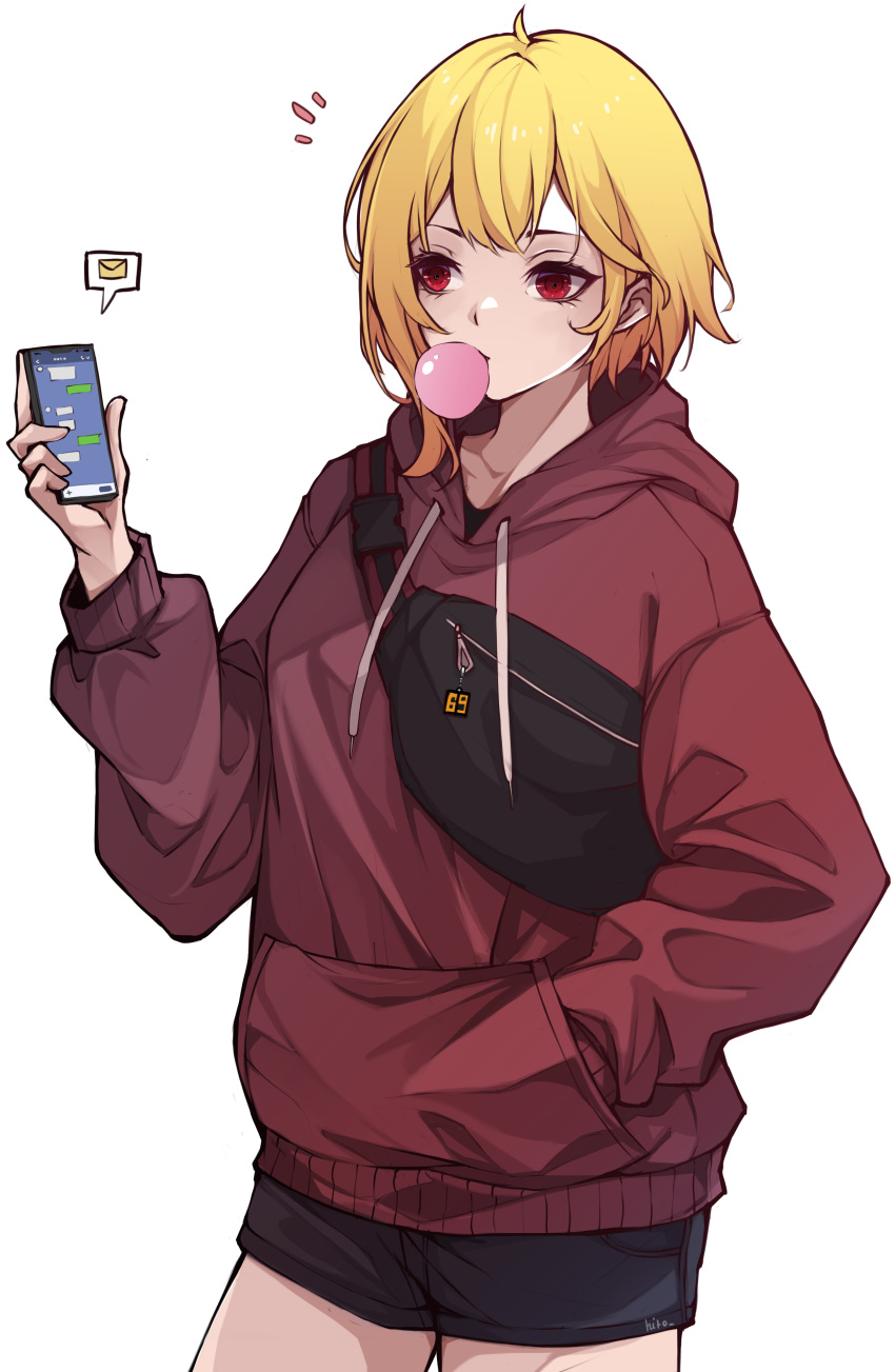 1girl absurdres ahoge black_bag black_shorts blonde_hair cellphone chewing_gum commentary hand_in_pocket highres hitozche holding holding_phone hololive hololive_indonesia hood hoodie jacket kaela_kovalskia long_sleeves phone red_eyes red_hoodie red_jacket short_hair shorts smartphone solo text_messaging virtual_youtuber white_background