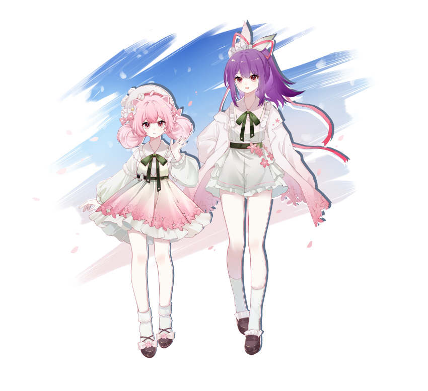 :d absurdres animal_ears anqing bcy beret bow brown_footwear cat_ears closed_mouth coat dress falling_petals full_body green_ribbon hair_bow hand_up hat highres low_twintails miao_jiujiu neck_ribbon open_clothes open_coat petals pink_coat pink_eyes pink_hair ponytail purple_hair ribbon ruan_miemie shirt shorts smile socks twintails white_background white_dress white_headwear white_shirt white_shorts white_socks