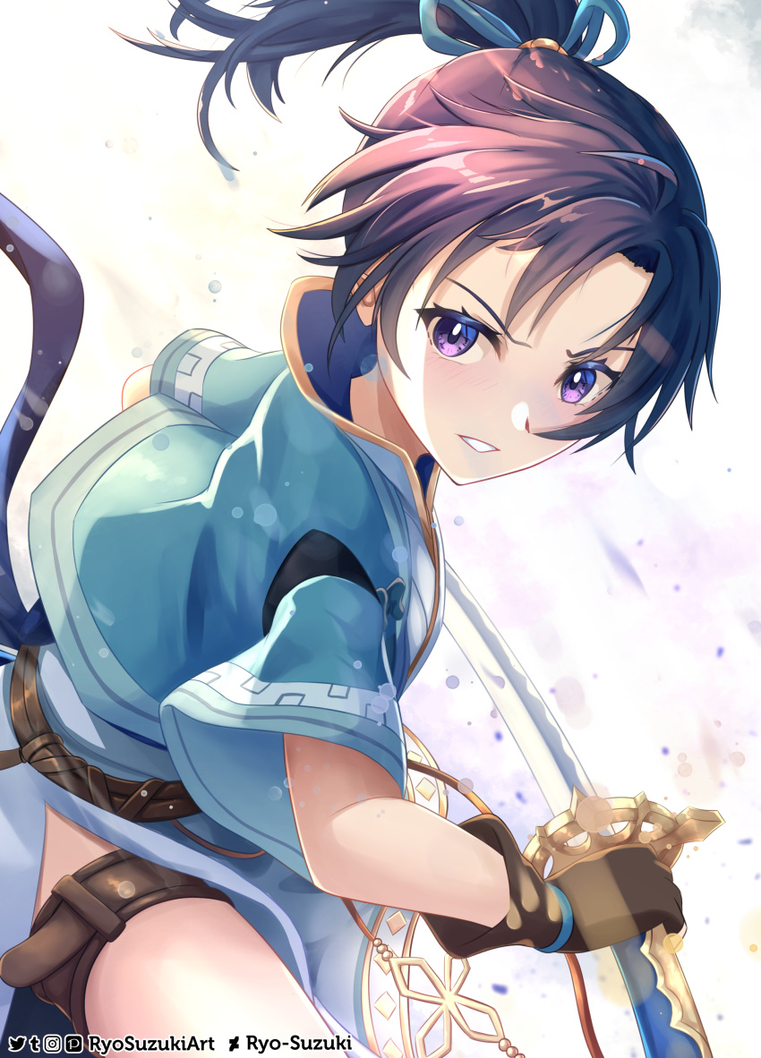 1girl absurdres black_hair blue_eyes brown_flower fingerless_gloves fire_emblem fire_emblem:_the_binding_blade gloves hair_tie highres holding holding_sword holding_weapon parted_lips ponytail ryo-suzuki solo sword teeth thigh_strap weapon white_background