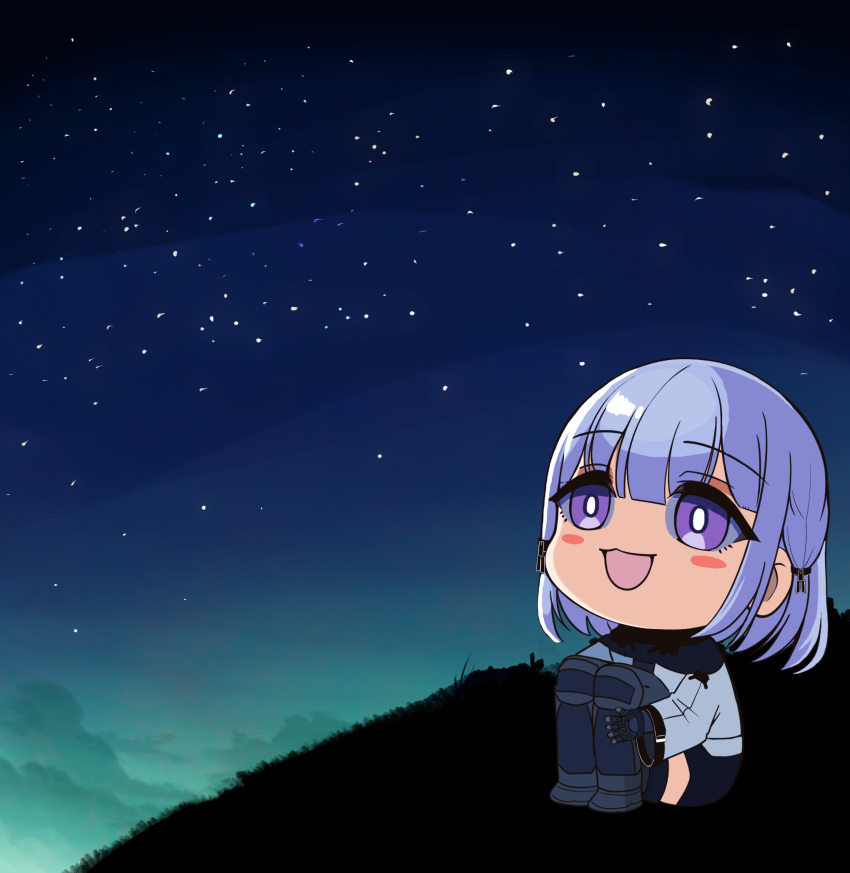 1girl black_shorts blush_stickers chibi commentary_request full_body girls_frontline grey_suit hair_between_eyes highres long_sleeves night night_sky outdoors purple_hair rpk-16_(girls'_frontline) short_hair shorts sitting sky solo sorayan_03 star_(sky) starry_sky suit violet_eyes