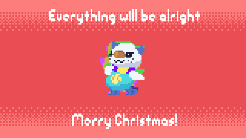 :3 a_hat_in_time afterimage animal_focus animated animated_gif black_eyes closed_mouth commentary dancing dewott english_commentary english_text freckles full_body half-closed_eyes highres looping_animation merry_christmas no_humans pixel_art pokemon pokemon_(creature) red_background seashell shell simple_background smile solo standing wisgarus