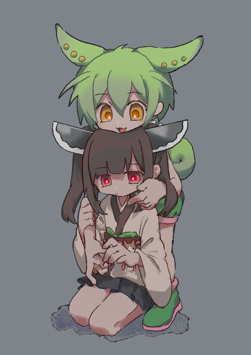 2girls :3 behind_another black_skirt boots bright_pupils brown_hair closed_mouth commentary_request expressionless green_footwear green_hair green_shorts grey_background hand_on_another's_cheek hand_on_another's_face head_on_head head_rest highres holding_another's_arm japanese_clothes kimono kokage_uyuri long_hair long_sleeves looking_at_another looking_down low_ponytail multicolored_eyes multiple_girls obi obijime open_mouth orange_eyes pea_pod pink_eyes pleated_skirt raised_eyebrows red_eyes sash seiza short_kimono short_sleeves shorts sidelocks simple_background sitting skirt smile standing touhoku_kiritan twintails voiceroid voicevox white_kimono white_pupils wide_sleeves yellow_eyes zundamon