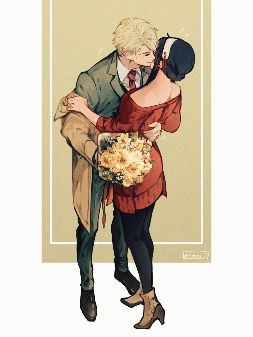 1boy 1girl ankle_boots bare_shoulders black_hair black_pantyhose blonde_hair blush boots bouquet collared_shirt commentary couple ear_blush flower flying_sweatdrops full_body green_jacket green_pants hairband hetero high_heel_boots high_heels highres holding holding_bouquet hug husband_and_wife jacket jewelry long_hair maiii_(smaii_i) nape necktie pants pantyhose red_necktie red_sweater ring shirt sidelocks spy_x_family standing sweater symbol-only_commentary twilight_(spy_x_family) twitter_username white_hairband white_shirt yor_briar