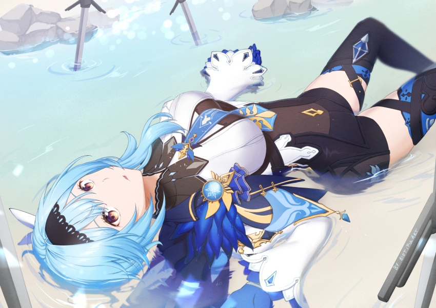 1girl artist_name bio_tiful black_hairband blue_cape blue_gloves blue_hair blue_necktie boots breasts cape chest_harness eula_(genshin_impact) feet_out_of_frame full_body genshin_impact gloves gradient_eyes hair_between_eyes hair_ornament hairband hand_up harness high-waist_shorts knees_up looking_at_viewer lying medium_breasts medium_hair multicolored_eyes multiple_swords necktie on_back orange_eyes parted_lips partially_submerged planted planted_sword rock shorts sidelocks solo sword thigh_boots vision_(genshin_impact) water weapon white_sleeves wide_sleeves