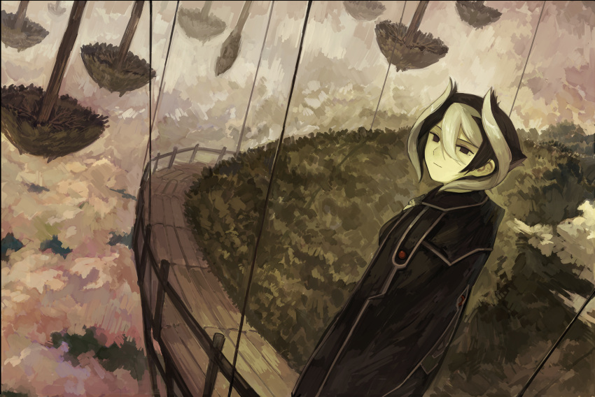1girl above_clouds black_cape black_eyes black_hair cape closed_mouth clouds from_above grass hair_between_eyes highres kornod looking_at_viewer made_in_abyss multicolored_hair overcast ozen scenery short_hair sky smile solo standing tree two-tone_hair whistle white_hair