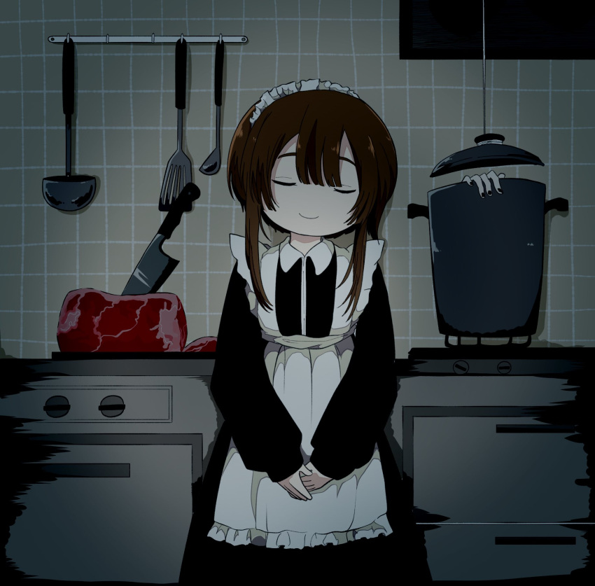 1girl apron ashi_izumo beef black_dress black_nails brown_hair closed_eyes closed_mouth commentary cooking_pot counter cowboy_shot dark double-parted_bangs dress facing_viewer food frilled_apron frills highres indoors kitchen kitchen_knife ladle long_sleeves maid maid_apron maid_headdress meat nail_polish original own_hands_together severed_hand severed_limb short_hair sleeping sleeping_upright smile solo spatula standing stove straight-on string tile_wall tiles v_arms white_apron