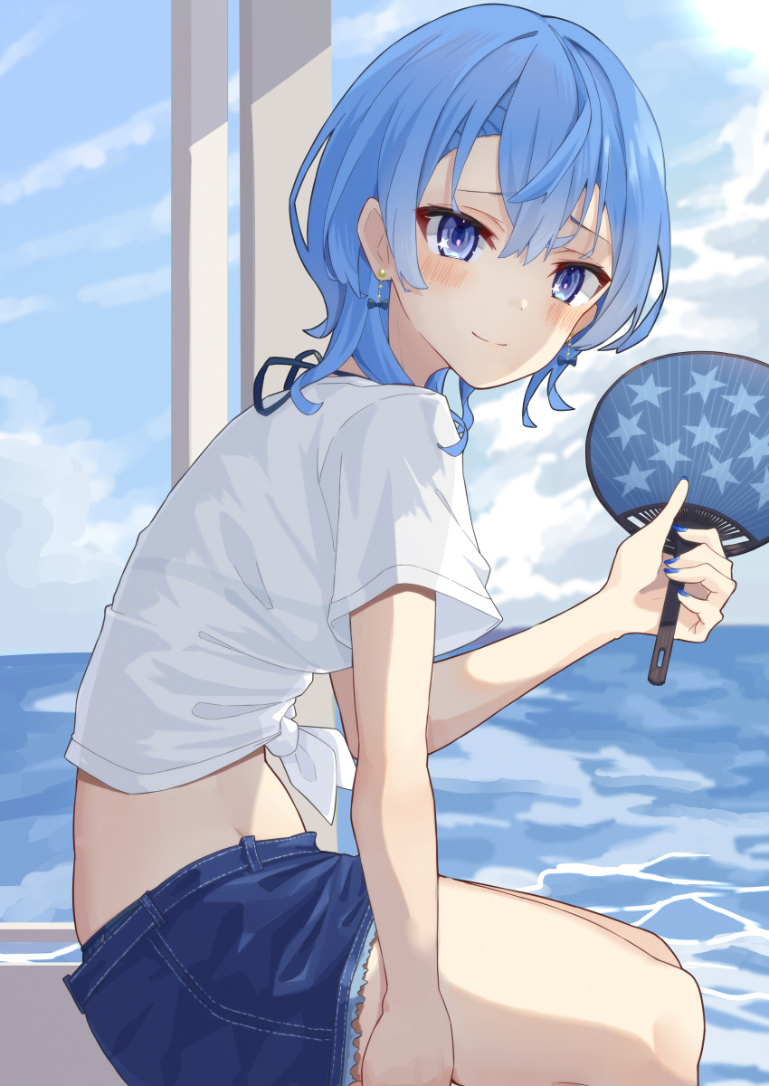 1girl absurdres beach blue_eyes blue_hair blue_nails denim denim_shorts earrings hand_fan highres hololive hoshimachi_suisei jewelry kisara_mikami looking_at_viewer looking_to_the_side midriff nail_polish paper_fan shirt short_hair shorts sitting smile solo tied_shirt virtual_youtuber water white_shirt