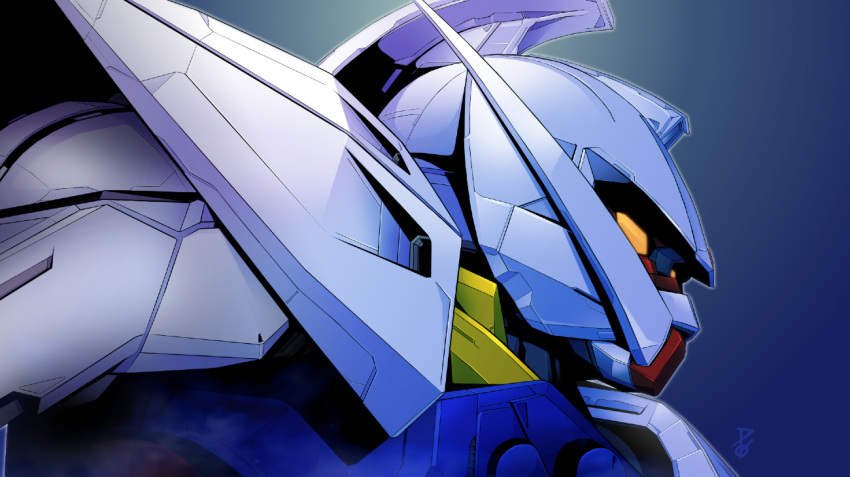 artist_logo commentary_request facial_hair gradient_background gundam looking_ahead matayoshi_(nopple_1000) mecha mobile_suit mustache no_humans portrait robot science_fiction solo turn_a_gundam turn_a_gundam_(mobile_suit) yellow_eyes
